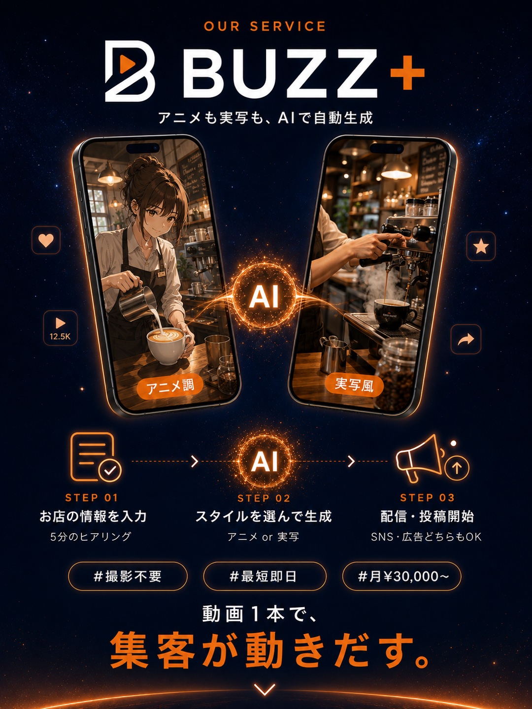 BUZZ+ AI動画 × SNS広告 — 動画1本で、集客が動きだす。